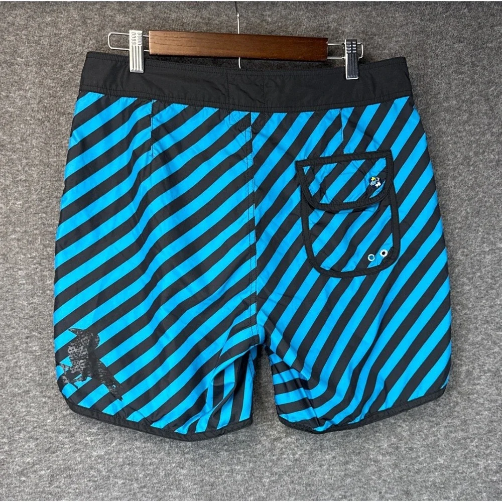 Modern Amusement Mens‎ Reversible Board Shorts Blue Black Striped Plaid Size 32